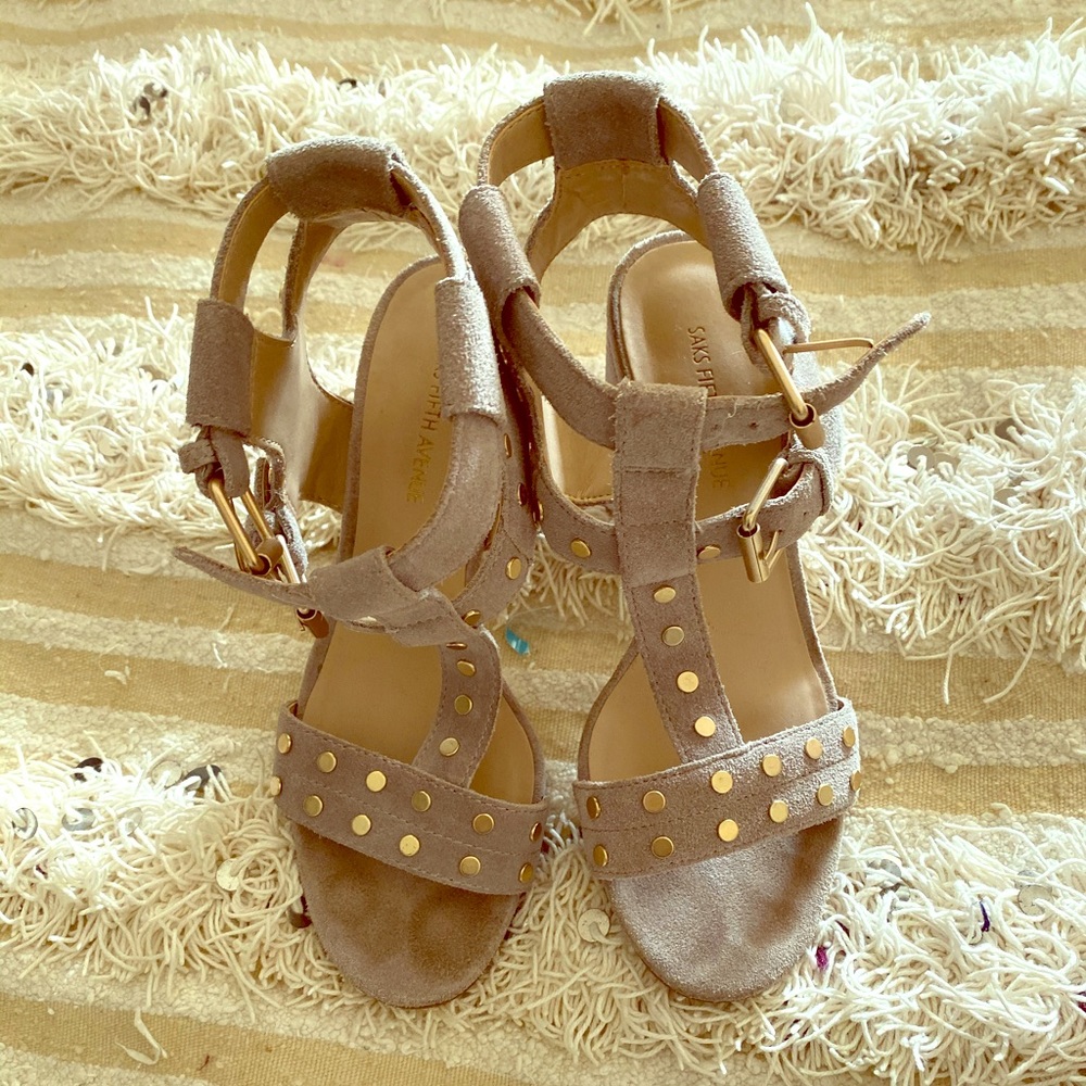 Studded suede block heel by Saks Fifth Ave